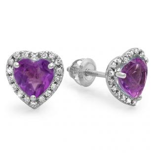1.60 Carat (ctw) 10K White Gold Heart Shape Amethyst & Round Cut Diamond Ladies Halo Stud Earrings