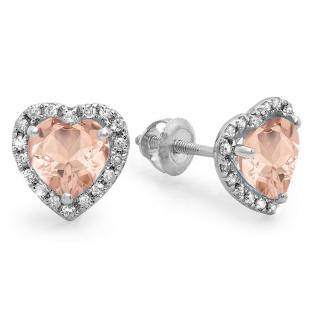 2.25 Carat (ctw) 10K White Gold Heart Shape Morganite & Round Cut Diamond Ladies Halo Stud Earrings