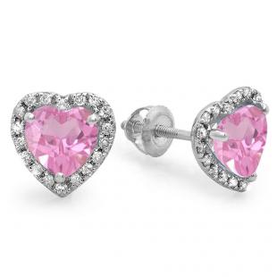 2.25 Carat (ctw) 14K White Gold Heart Shape Pink Sapphire & Round Cut Diamond Ladies Halo Stud Earrings
