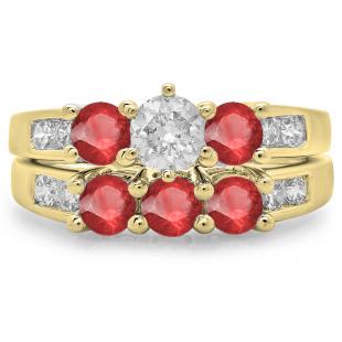 2.25 Carat (ctw) 18K Yellow Gold Round Cut Ruby & White Diamond Ladies Bridal 3 Stone Engagement Ring With Matching Band Set 2 1/4 CT