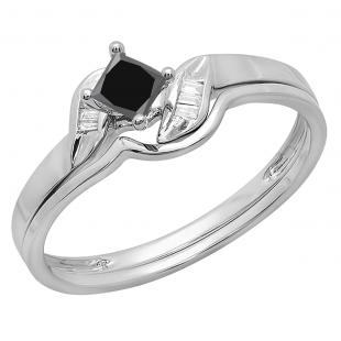 1.10 Carat (ctw) 14K White Gold Princess & Baguette Cut Black & White Diamond Ladies Bridal Engagement Ring Matching Band Set 1/2 CT
