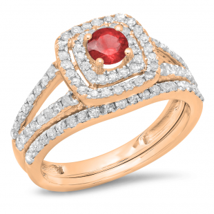 1.00 Carat (ctw) 18K Rose Gold Round Cut Ruby & White Diamond Ladies Bridal Split Shank Halo Engagement Ring With Matching Band Set 1 CT