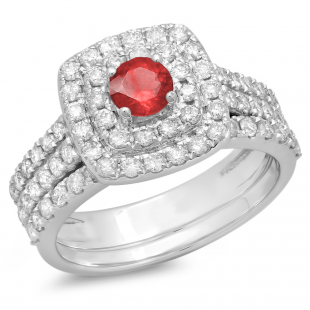 1.50 Carat (ctw) 10K White Gold Round Ruby & White Diamond Ladies Halo Style Bridal Engagement Ring Matching Band Set 1 1/2 CT