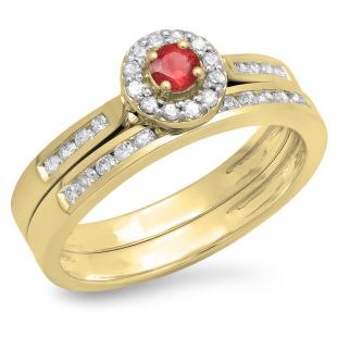 0.50 Carat (ctw) 18K Yellow Gold Round Ruby & White Diamond Ladies Halo Style Bridal Engagement Ring Matching Band Set 1/2 CT