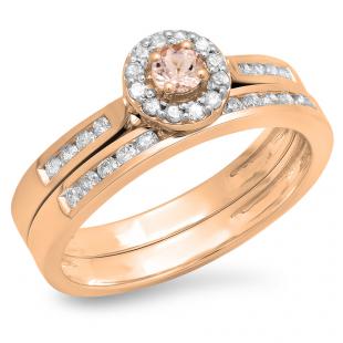 0.50 Carat (ctw) 14K Rose Gold Round Morganite & White Diamond Ladies Halo Style Bridal Engagement Ring Matching Band Set 1/2 CT