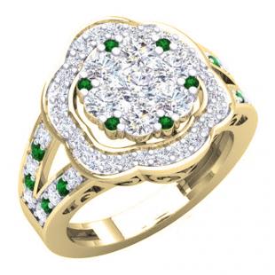 2.00 Carat (ctw) 18K Yellow Gold Round Cut Emerald & White Diamond Ladies Cluster Flower Engagement Ring 2 CT