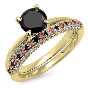 1.50 Carat (ctw) 10K Yellow Gold Round Ruby & Black Diamond Ladies Bridal Solitaire Engagement Ring With Matching Wedding Band Set 1 1/2 CT