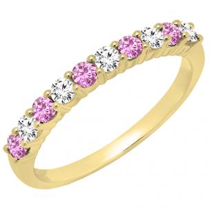 10K Yellow Gold Round Cut Pink Sapphire & White Diamond Ladies Stackable Anniversary Wedding Band