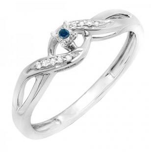 0.05 Carat (ctw) Sterling Silver Round Blue & White Diamond Ladies Crossover Swirl Bridal Promise Engagement Ring