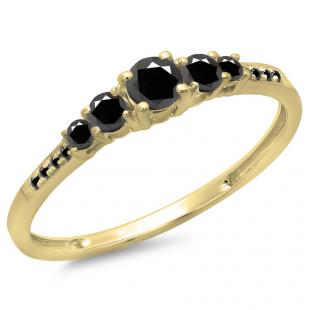 0.40 Carat (Ctw) 10K Yellow Gold Round Cut Black Diamond Ladies Bridal 5 Stone Engagement Ring