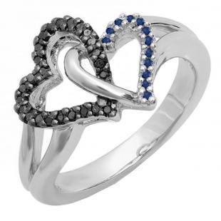 0.25 Carat (ctw) Sterling Silver Round Blue Sapphire & Black Diamond Ladies Split Shank Tangled Double Heart Love Promise Ring 1/4 CT