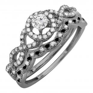 0.60 Carat (ctw) Black Rhodium Plated 14K White Gold Round Black & White Diamond Ladies Halo Style Bridal Engagement Ring Matching Band Set