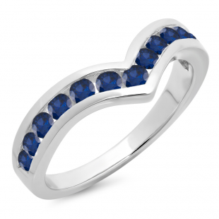 0.60 Carat (ctw) 10K White Gold Round Blue Sapphire Wedding Stackable Band Anniversary Guard Chevron Ring
