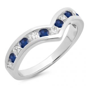 0.60 Carat (ctw) 14K White Gold Round Blue Sapphire & White Diamond Wedding Stackable Band Anniversary Guard Chevron Ring