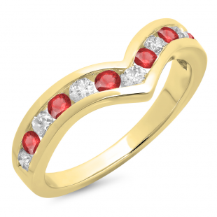 0.60 Carat (ctw) 18K Yellow Gold Round Ruby & White Diamond Wedding Stackable Band Anniversary Guard Chevron Ring