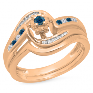 0.30 Carat (ctw) 10K Rose Gold Round & Baguette Cut Blue & White Diamond Ladies Bypass Twisted Style Bridal Engagement Ring With Matching Band Set 1/3 CT