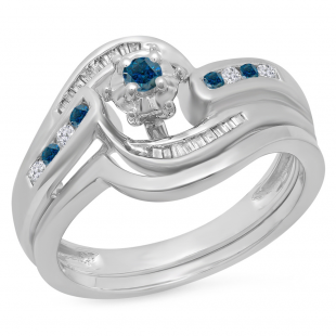 0.30 Carat (ctw) 10K White Gold Round & Baguette Cut Blue & White Diamond Ladies Bypass Twisted Style Bridal Engagement Ring With Matching Band Set 1/3 CT