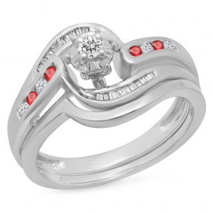 0.30 Carat (ctw) 18K White Gold Round & Baguette Cut Ruby & White Diamond Ladies Bypass Twisted Style Bridal Engagement Ring With Matching Band Set 1/3 CT