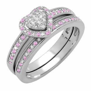 0.23 Carat (ctw) 10K White Gold Round Pink Sapphire & White Diamond Ladies Heart Shaped Bridal Engagement Ring With Matching Band Set 1/4 CT