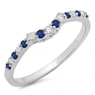 0.30 Carat (ctw) 14K White Gold Round Blue Sapphire & White Diamond Ladies Contour Anniversary Wedding Stackable Band Guard Ring 1/3 CT