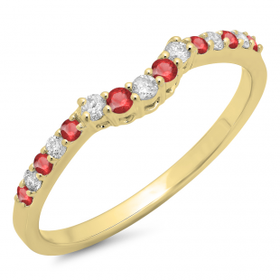 0.30 Carat (ctw) 14K Yellow Gold Round Ruby & White Diamond Ladies Contour Anniversary Wedding Stackable Band Guard Ring 1/3 CT