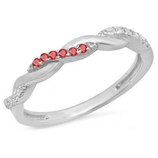 0.15 Carat (ctw) Sterling Silver Round Cut Ruby & White Diamond Ladies Swirl Anniversary Wedding Stackable Band