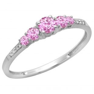 0.40 Carat (ctw) 18K White Gold Round Cut Pink Sapphire & White Diamond Ladies Bridal 5 Stone Engagement Ring
