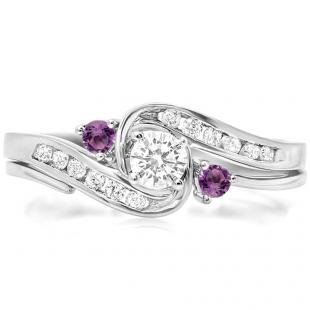 0.50 Carat (ctw) 10K White Gold Round Amethyst And White Diamond Ladies Swirl Bridal Engagement Ring Matching Band Set 1/2 CT
