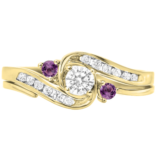 0.50 Carat (ctw) 14K Yellow Gold Round Amethyst And White Diamond Ladies Swirl Bridal Engagement Ring Matching Band Set 1/2 CT