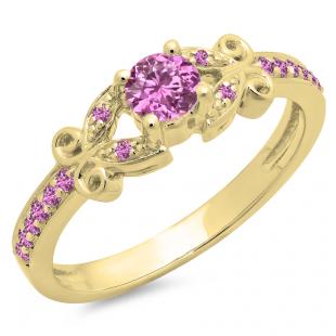 0.50 Carat (ctw) 14K Yellow Gold Round Pink Sapphire Ladies Bridal Unique Vintage Style Engagement Ring 1/2 CT