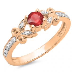 0.50 Carat (ctw) 10K Rose Gold Round Ruby & White Diamond Ladies Bridal Unique Vintage Style Engagement Ring 1/2 CT
