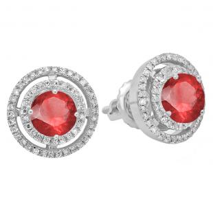 1.17 Carat (ctw) 14K White Gold Round Ruby & White Diamond Ladies Halo Style Stud Earrings