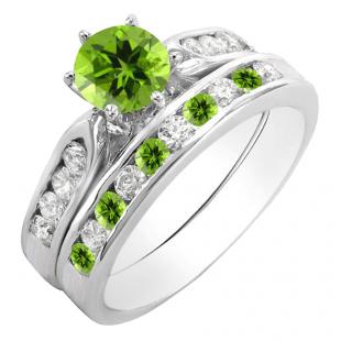 1.00 Carat (ctw) 10K White Gold Round Peridot & White Diamond Ladies Bridal Engagement Ring Set With Matching Band 1 CT