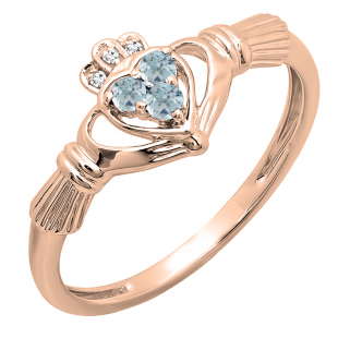 0.15 Carat (ctw) 10k Rose Gold Round White Diamond And Aquamarine Ladies Bridal Promise Irish Love And Friendship Band Claddagh Heart Shape Ring