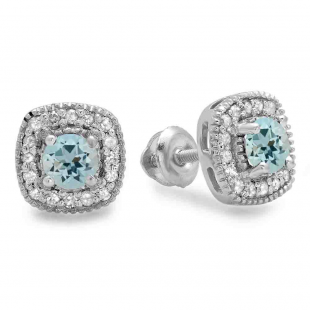 0.75 Carat (ctw) Sterling Silver Round Cut Aquamarine & White Diamond Ladies Halo Stud Earrings 3/4 CT