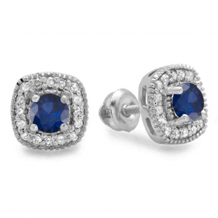 0.75 Carat (ctw) Sterling Silver Round Cut Blue Sapphire & White Diamond Ladies Halo Stud Earrings 3/4 CT