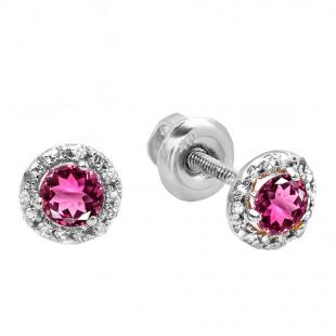 0.75 Carat (ctw) 18K White Gold Round Pink Tourmaline & White Diamond Ladies Halo Style Stud Earrings 3/4 CT