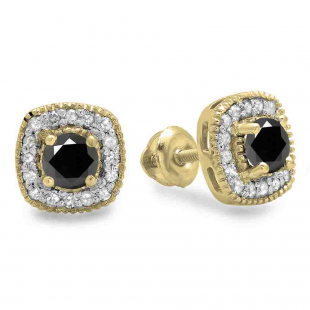 0.75 Carat (ctw) 18K Yellow Gold Round Cut Black & White Diamond Ladies Halo Stud Earrings 3/4 CT