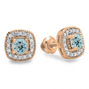 0.75 Carat (ctw) 14K Rose Gold Round Cut Aquamarine & White Diamond Ladies Halo Stud Earrings 3/4 CT