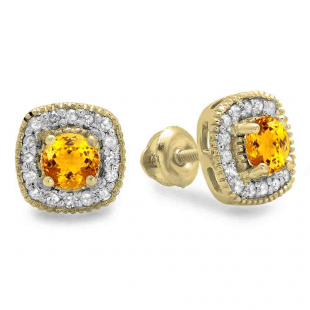 0.75 Carat (ctw) 10K Yellow Gold Round Cut Citrine & White Diamond Ladies Halo Stud Earrings 3/4 CT