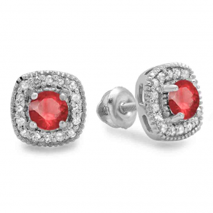 0.75 Carat (ctw) Sterling Silver Round Cut Ruby & White Diamond Ladies Halo Stud Earrings 3/4 CT