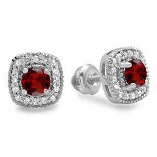 0.75 Carat (ctw) Sterling Silver Round Cut Garnet & White Diamond Ladies Halo Stud Earrings 3/4 CT