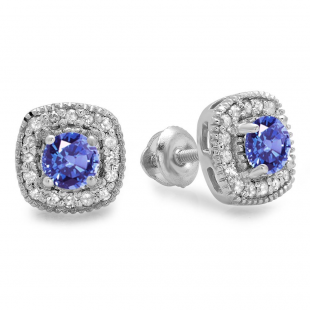 0.75 Carat (ctw) 18K White Gold Round Cut Tanzanite & White Diamond Ladies Halo Stud Earrings 3/4 CT