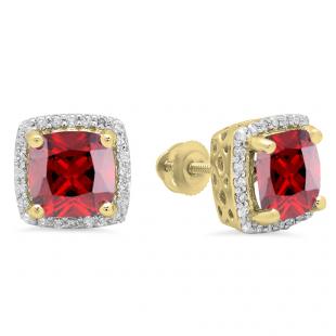 2.80 Carat (ctw) 10K Yellow Gold Cushion Cut Garnet & Round Cut White Diamond Ladies Square Frame Halo Stud Earrings