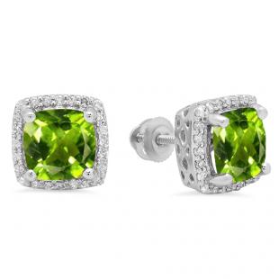 2.80 Carat (ctw) 18K White Gold Cushion Cut Peridot & Round Cut White Diamond Ladies Square Frame Halo Stud Earrings