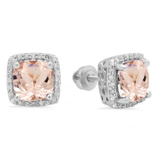 2.80 Carat (ctw) 10K White Gold Cushion Cut Morganite & Round Cut White Diamond Ladies Square Frame Halo Stud Earrings