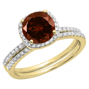 1.75 Carat (ctw) 10K Yellow Gold Round Cut Garnet & White Diamond Ladies Bridal Halo Engagement Ring With Matching Band Set 1 3/4 CT