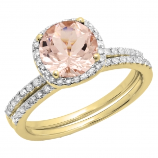 1.75 Carat (ctw) 10K Yellow Gold Round Cut Morganite & White Diamond Ladies Bridal Halo Engagement Ring With Matching Band Set 1 3/4 CT