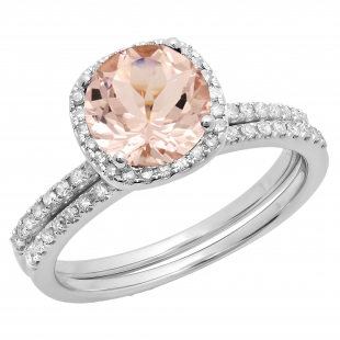 1.75 Carat (ctw) 18K White Gold Round Cut Morganite & White Diamond Ladies Bridal Halo Engagement Ring With Matching Band Set 1 3/4 CT
