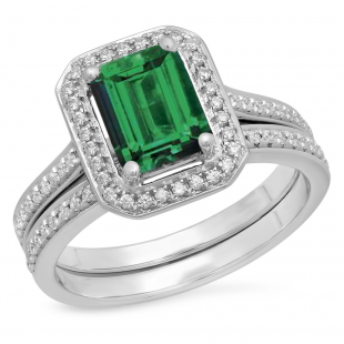 1.60 Carat (ctw) 10K White Gold Emerald Cut Forest Green & Round White Cubic Zirconia CZ Ladies Halo Style Bridal Engagement Ring Set